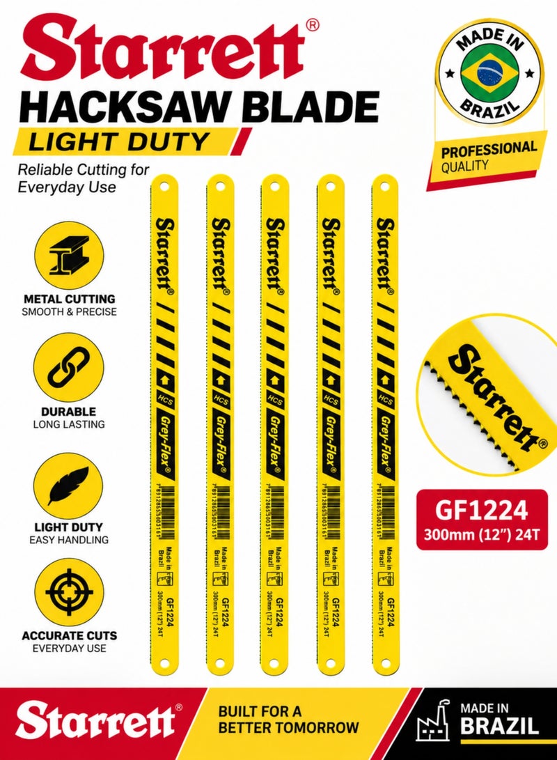 Grey-Flex Hacksaw Blades 300mm (12 Inch), 24 TPI Light Duty HCS Metal Cutting Blades, Smooth & Precise Cutting for Everyday Use, 5 Piece Set, Made in Brazil