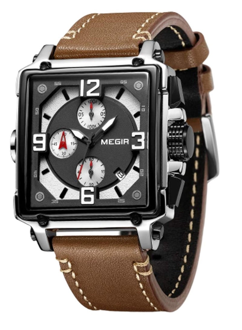 ميجر ساعة ميجير للرجال كرونوغراف كوارتز أنالوج مربعة، ساعة معصم عسكرية مضيئة بحزام جلدي فاخر مع تقويم، ساعة رياضية أنيقة للأعمال والعمل والكاجوال وهدية فاخرة للرجال - Image 1