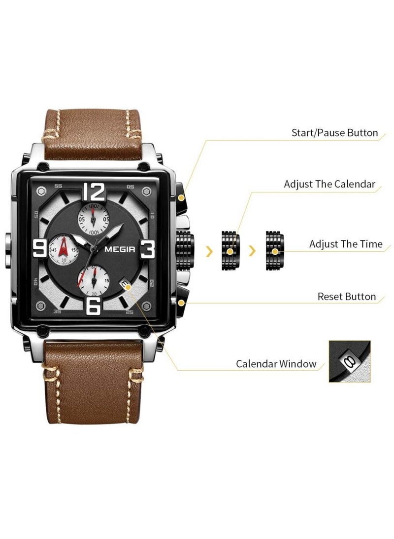 ميجر ساعة ميجير للرجال كرونوغراف كوارتز أنالوج مربعة، ساعة معصم عسكرية مضيئة بحزام جلدي فاخر مع تقويم، ساعة رياضية أنيقة للأعمال والعمل والكاجوال وهدية فاخرة للرجال - Image 4