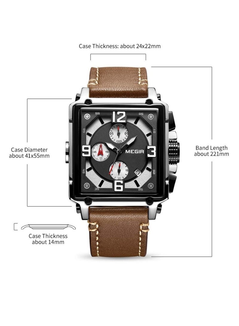 ميجر ساعة ميجير للرجال كرونوغراف كوارتز أنالوج مربعة، ساعة معصم عسكرية مضيئة بحزام جلدي فاخر مع تقويم، ساعة رياضية أنيقة للأعمال والعمل والكاجوال وهدية فاخرة للرجال - Image 5
