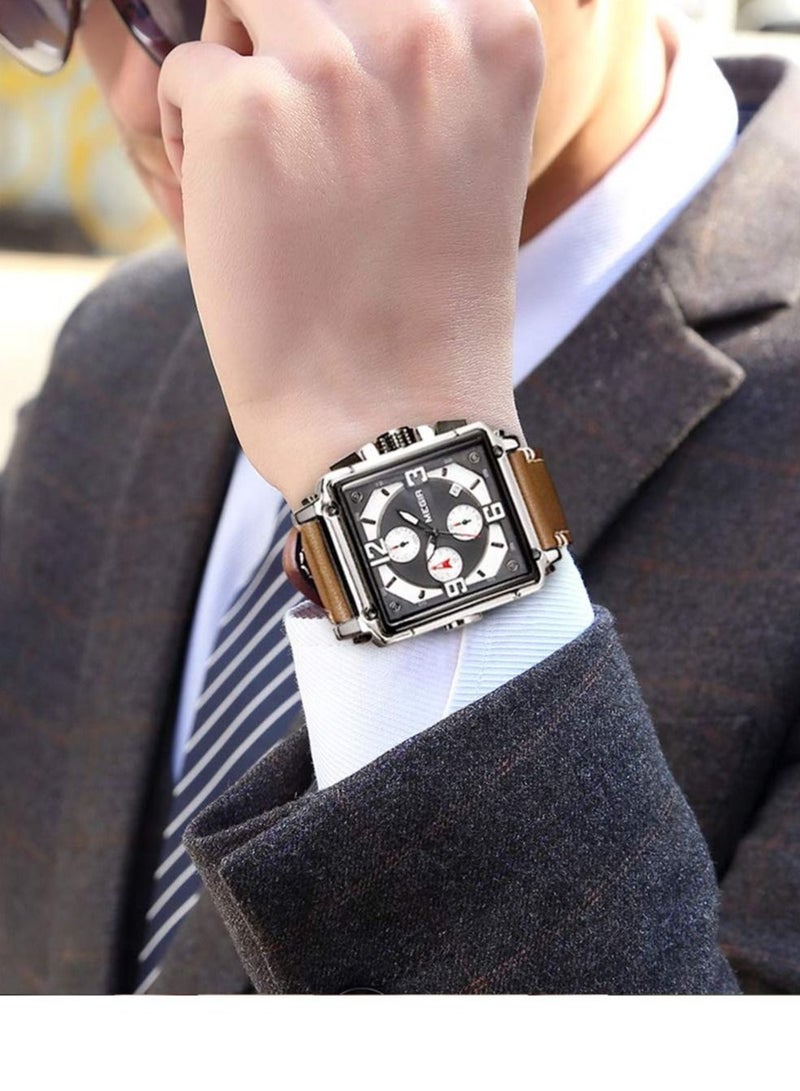 ميجر ساعة ميجير للرجال كرونوغراف كوارتز أنالوج مربعة، ساعة معصم عسكرية مضيئة بحزام جلدي فاخر مع تقويم، ساعة رياضية أنيقة للأعمال والعمل والكاجوال وهدية فاخرة للرجال - Image 2