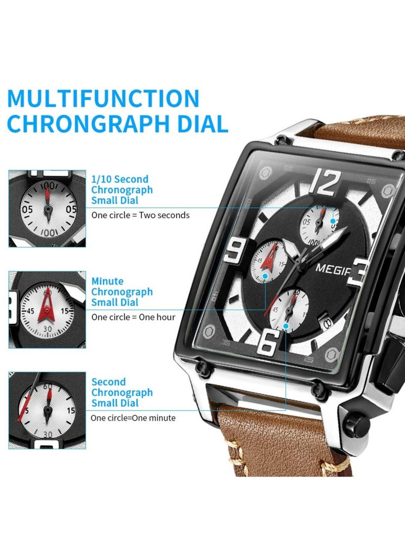 ميجر ساعة ميجير للرجال كرونوغراف كوارتز أنالوج مربعة، ساعة معصم عسكرية مضيئة بحزام جلدي فاخر مع تقويم، ساعة رياضية أنيقة للأعمال والعمل والكاجوال وهدية فاخرة للرجال - Image 3