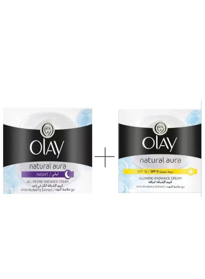 Olay The All-in-One Natch & Rall White Day & Night Cream Set to Brighten and Illuminate the Skin, made up of two pieces