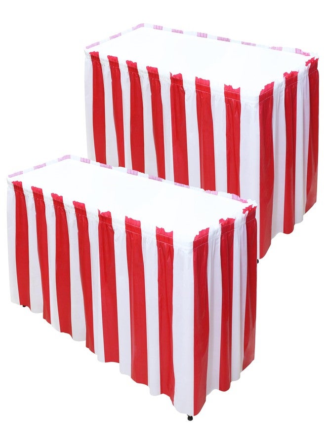 Deermon 2 Pack Red and White Striped Carnival Table Skirts, 28Ft Polyester Waterproof Circus Table Skirting For Birthday Festival Celebration Tent Camping Baby Shower Party Decoration Supplies - Image 1