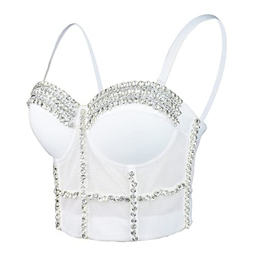 ELLACCI Women's Diamond Chain Mesh Bustier Crop Top Push Up Corset Top Bralet White Large - Image 1