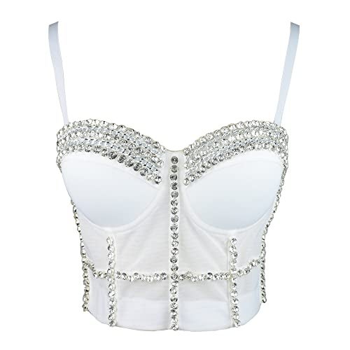 ELLACCI Women's Diamond Chain Mesh Bustier Crop Top Push Up Corset Top Bralet White Large - Image 3