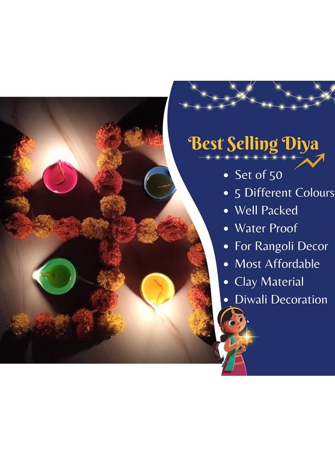 Indian Karigar Clay Diya Decorative Diyas for Diwali Festival - 50 Colourful, Home Decor - Image 2