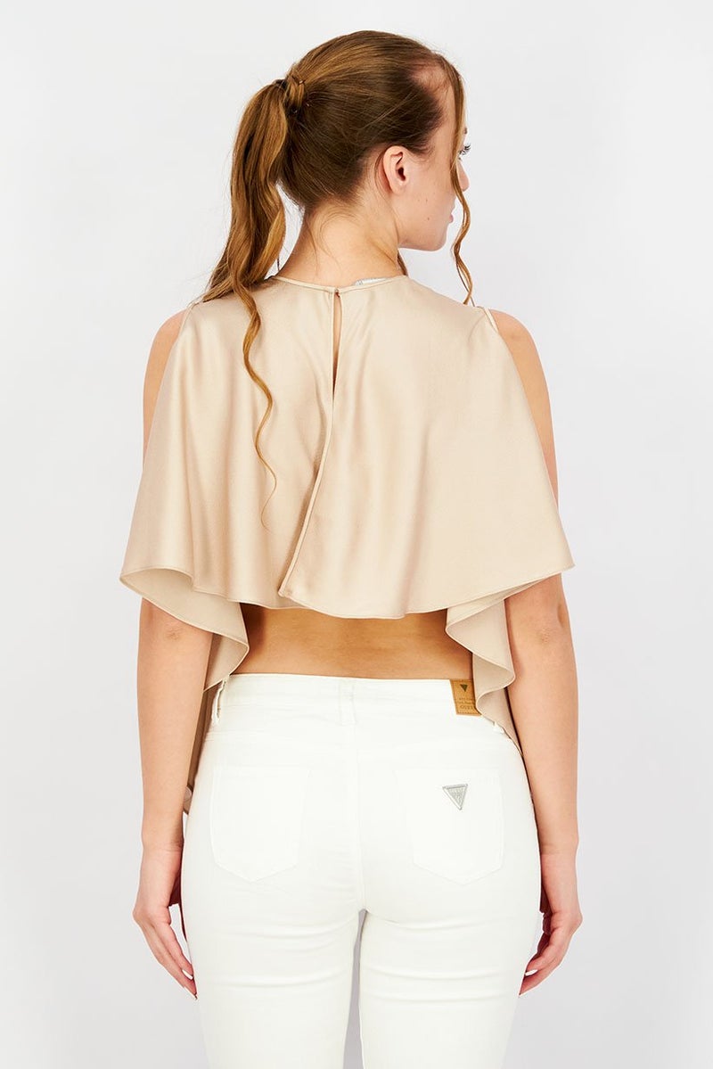 STELLA MCCARTNEY Women Crew Neck Sleeveless Solid Draped Top, Beige - Image 3