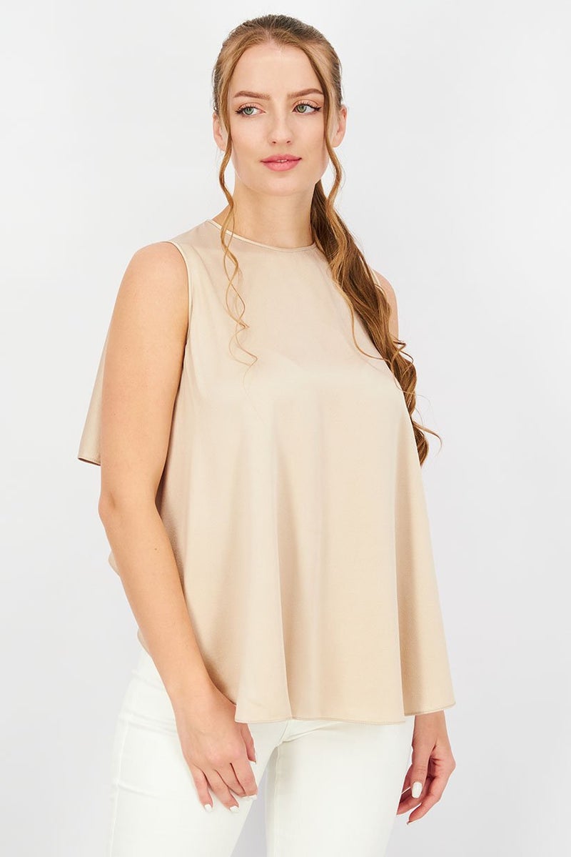STELLA MCCARTNEY Women Crew Neck Sleeveless Solid Draped Top, Beige - Image 1
