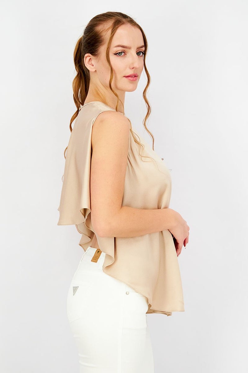 STELLA MCCARTNEY Women Crew Neck Sleeveless Solid Draped Top, Beige - Image 4