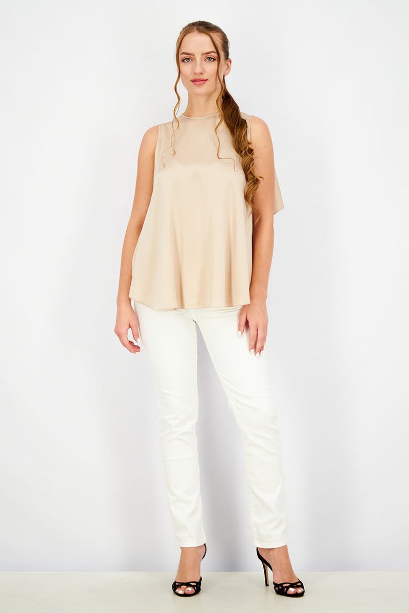 STELLA MCCARTNEY Women Crew Neck Sleeveless Solid Draped Top, Beige - Image 4