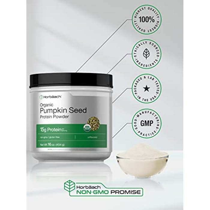 Horbäach Horbaach Organic Pumpkin Seed Protein Powder | 16 Ounce | Unflavored | Plant-Based | Keto & Paleo | Vegetarian, Non-GMO, and Gluten Free Supplement | 15g Per Serving - Image 5