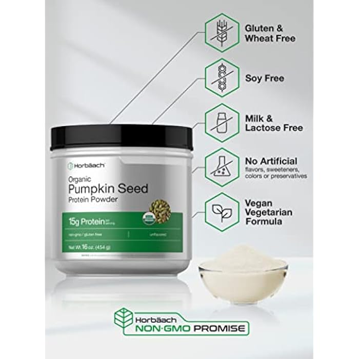 Horbäach Horbaach Organic Pumpkin Seed Protein Powder | 16 Ounce | Unflavored | Plant-Based | Keto & Paleo | Vegetarian, Non-GMO, and Gluten Free Supplement | 15g Per Serving - Image 4