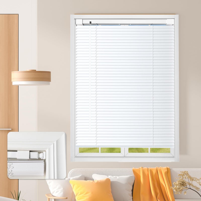 AURILOFT No Tools No Drill Cordless Mini Blinds 20" Wx 36" H, 1" L-Shaped Blades, Horizontal Vinyl Blinds for Indoor Windows, White - Image 1