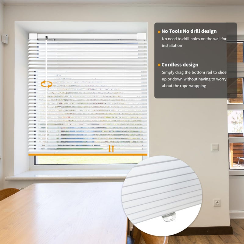 AURILOFT No Tools No Drill Cordless Mini Blinds 20" Wx 36" H, 1" L-Shaped Blades, Horizontal Vinyl Blinds for Indoor Windows, White - Image 2