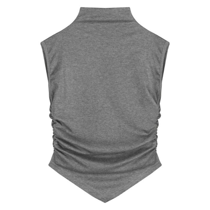 (40 Modal 260g rayon) semi-high collar short sleeve T-shirt new irregular pleated slim short coat Grey - Image 1
