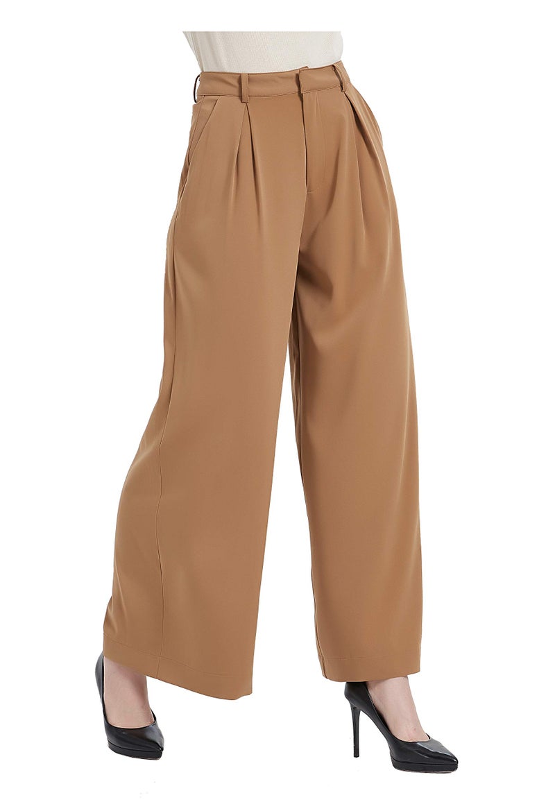 Tronjori Women High Waist Casual Wide Leg Long Palazzo Pants Trousers Regular SizeXL Camel