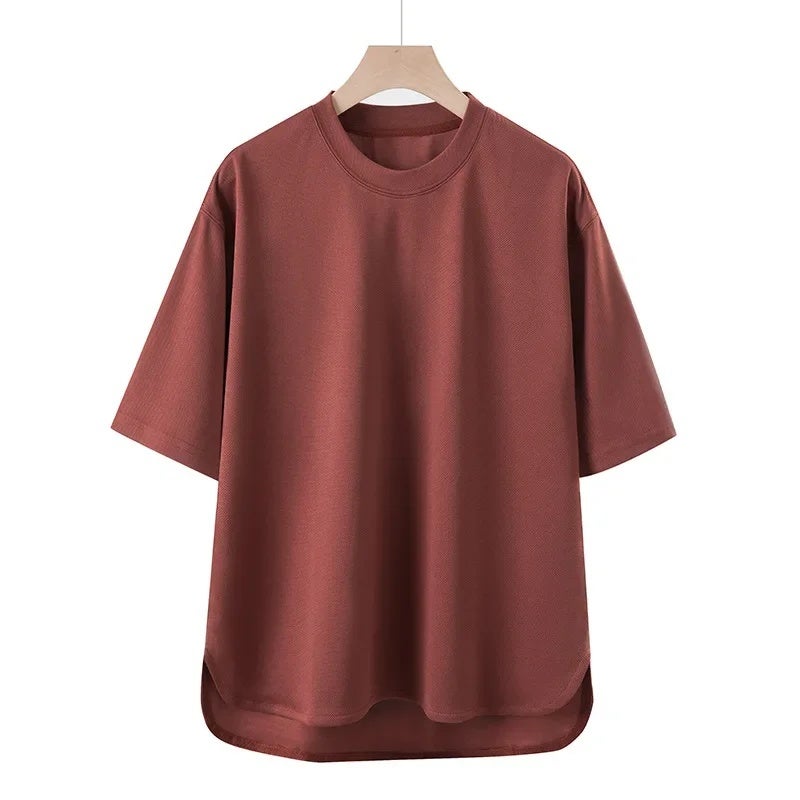 TikTok Hot Men''s Ice Silk Solid Color Short Sleeve Japanese Style Loose Casual T-Shirt Embroidered Label Split Top Men''s Wear - Image 4