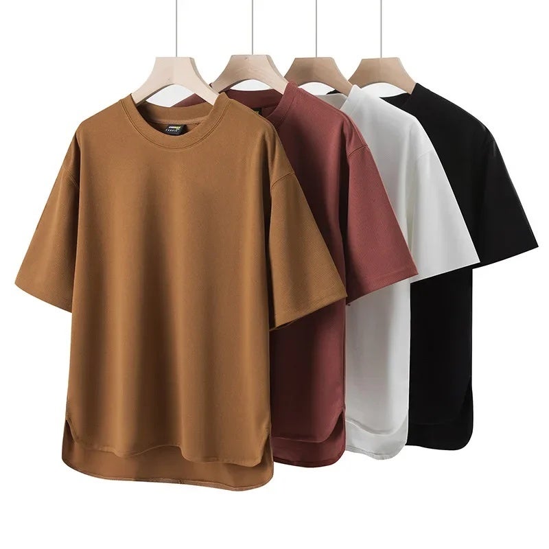 TikTok Hot Men''s Ice Silk Solid Color Short Sleeve Japanese Style Loose Casual T-Shirt Embroidered Label Split Top Men''s Wear - Image 2