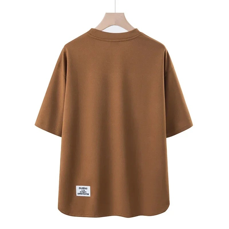 TikTok Hot Men''s Ice Silk Solid Color Short Sleeve Japanese Style Loose Casual T-Shirt Embroidered Label Split Top Men''s Wear - Image 3