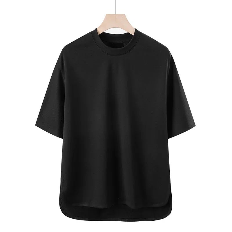 TikTok Hot Men''s Ice Silk Solid Color Short Sleeve Japanese Style Loose Casual T-Shirt Embroidered Label Split Top Men''s Wear - Image 5