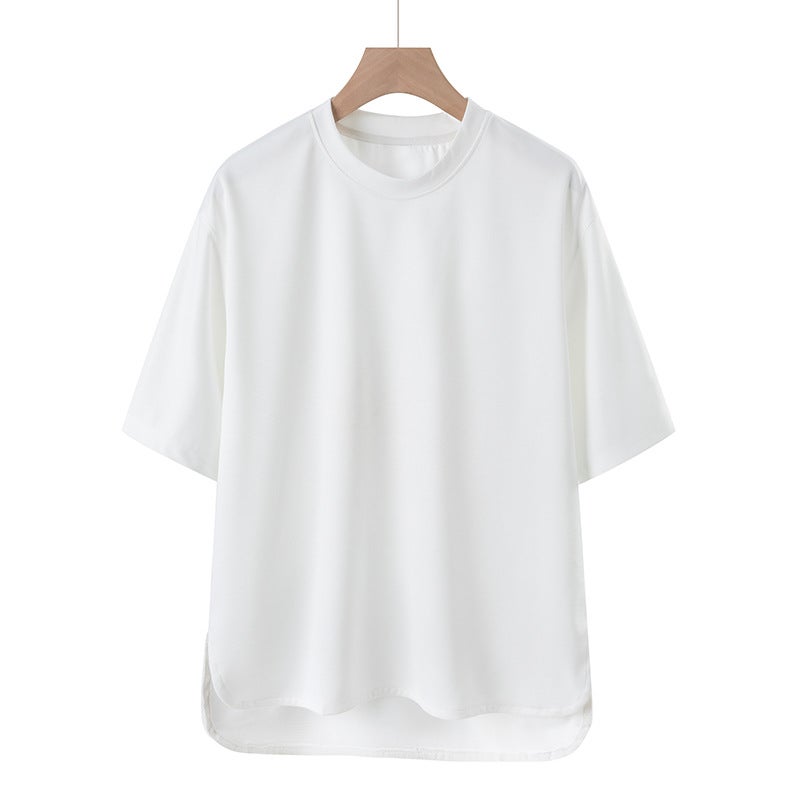 TikTok Hot Men''s Ice Silk Solid Color Short Sleeve Japanese Style Loose Casual T-Shirt Embroidered Label Split Top Men''s Wear - Image 1