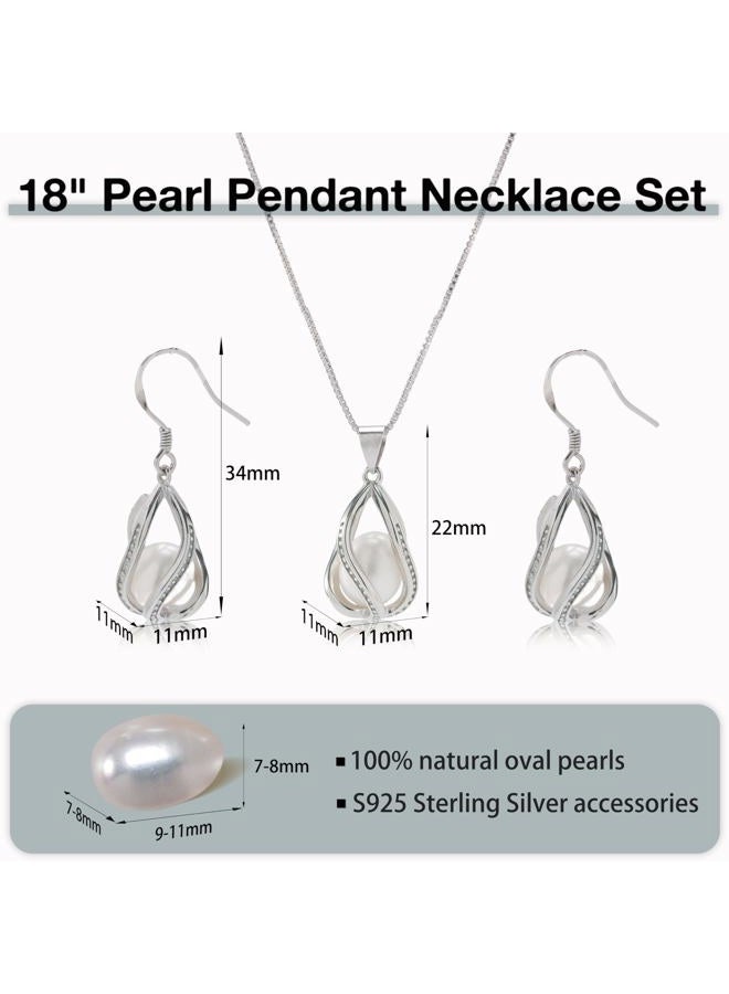 HENGSHENG Pearl Jewelry Set For Women S925 Sterling Silver/14K Gold Plated Necklace & Earrings Set Freshwater Pearl Pendant Cage Set for Wedding Anniversary Prom Birthday Gift, Copper, natural pearl - Image 3