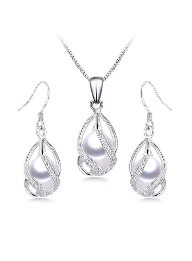 HENGSHENG Pearl Jewelry Set For Women S925 Sterling Silver/14K Gold Plated Necklace & Earrings Set Freshwater Pearl Pendant Cage Set for Wedding Anniversary Prom Birthday Gift, Copper, natural pearl - Image 1