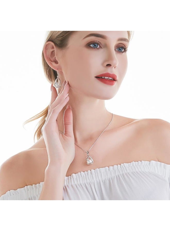HENGSHENG Pearl Jewelry Set For Women S925 Sterling Silver/14K Gold Plated Necklace & Earrings Set Freshwater Pearl Pendant Cage Set for Wedding Anniversary Prom Birthday Gift, Copper, natural pearl - Image 2