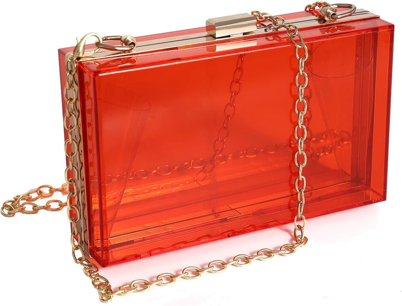 WJCD Women Clear Purse Acrylic Box Clutch Handbag, Small Transparent Crossbody Evening Bag Stadium Approved Gold Chain Strap - Image 1