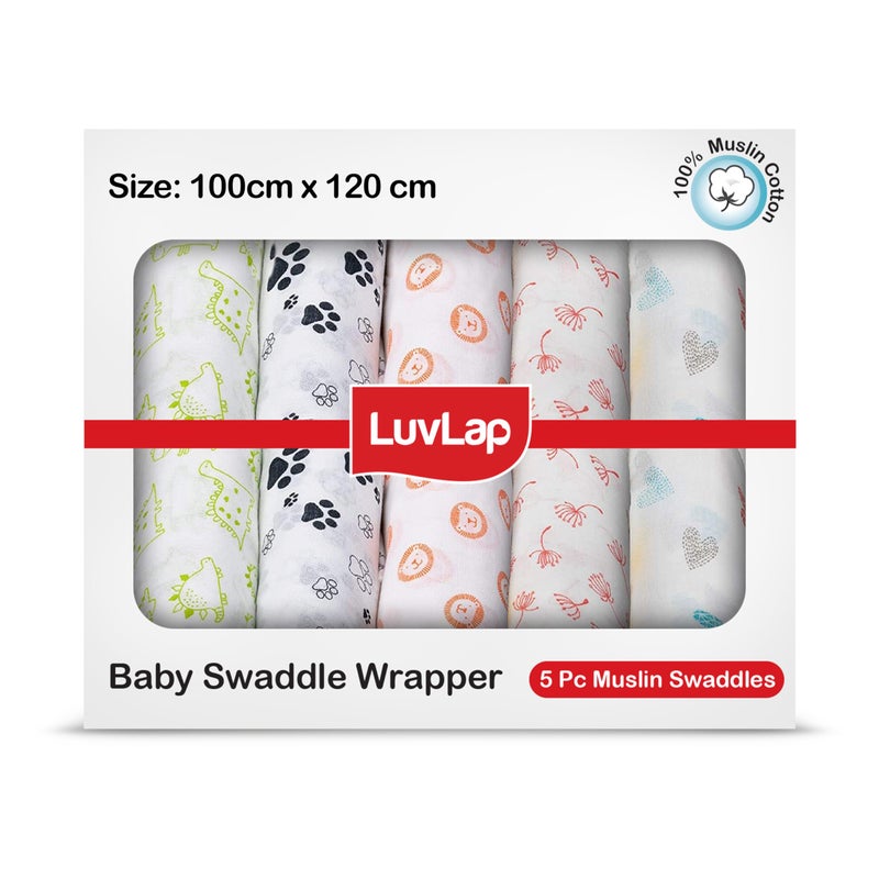 LuvLap 100% Cotton Muslin Baby Swaddle Set, Baby Towel, Size-120cm x 100cm (47"x39"), Animals & Floral Printed on White, 0-18 Month+, Printed Mulmal Muslin Swaddle Wrap for New Born, Pack of 5 - Image 1