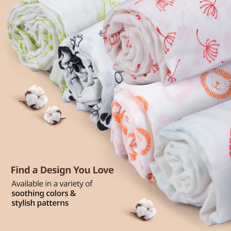 LuvLap 100% Cotton Muslin Baby Swaddle Set, Baby Towel, Size-120cm x 100cm (47"x39"), Animals & Floral Printed on White, 0-18 Month+, Printed Mulmal Muslin Swaddle Wrap for New Born, Pack of 5 - Image 4