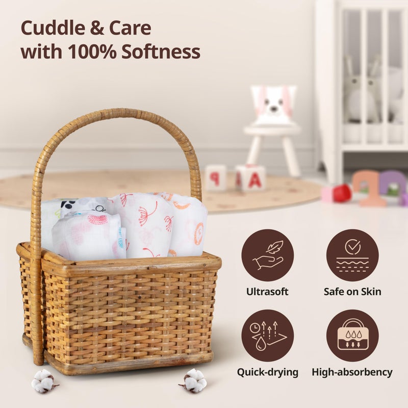 LuvLap 100% Cotton Muslin Baby Swaddle Set, Baby Towel, Size-120cm x 100cm (47"x39"), Animals & Floral Printed on White, 0-18 Month+, Printed Mulmal Muslin Swaddle Wrap for New Born, Pack of 5 - Image 3