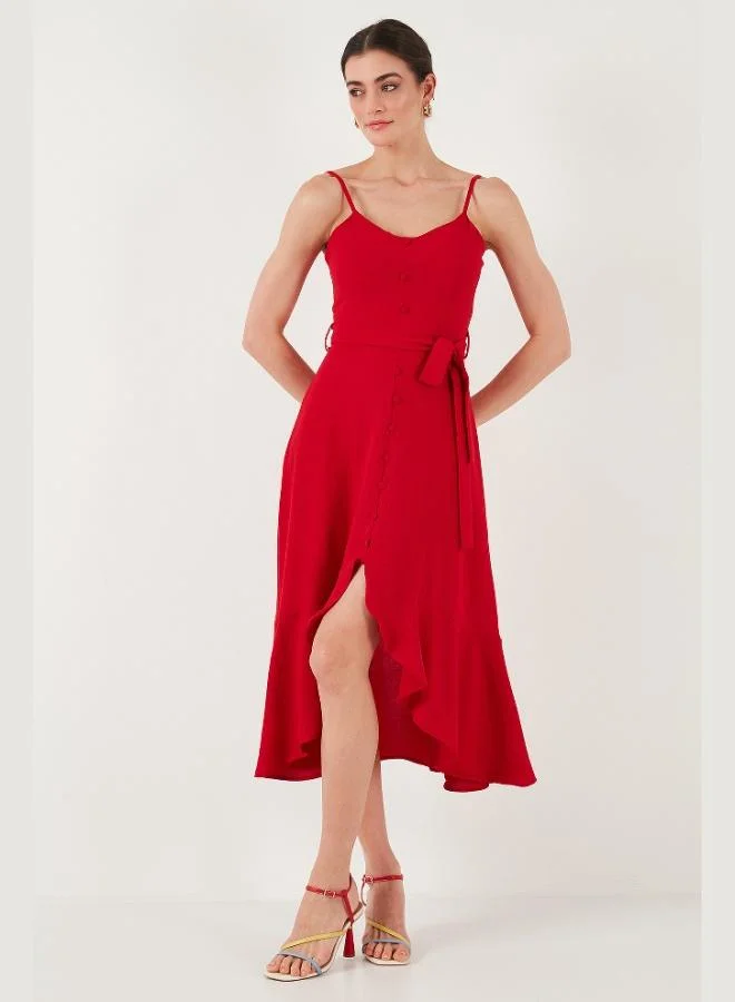 ليلا فستان ميدي بحزام وزر تفصيلي بكشكش مقاس عادي للنساء