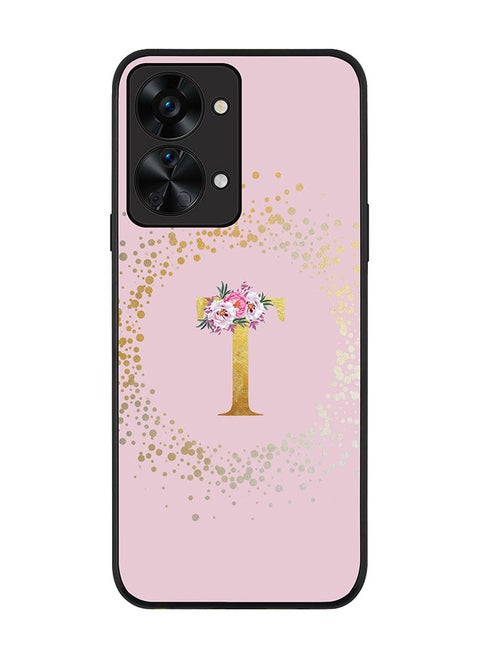 Rugged Black edge case for OnePlus Nord 2T Slim fit Soft Case Flexible Rubber Edges TPU Gel Thin Cover - Custom Monogram Initial Letter Floral Pattern Alphabet - T (Pink)