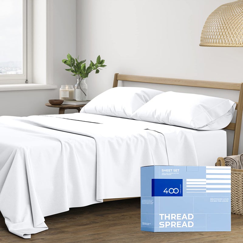 THREAD SPREAD 100 Cotton Bed Sheets Queen Set  400 Thread Count Cotton Queen Sheets Only 4 PC Set White Ultra Soft Breathable Cooling Sateen Weave 16 Deep Pocket Bedsheet for Hot Sleepers