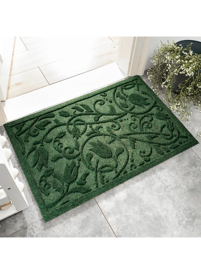 VivaNest Boho Green Floral Leaves Outdoor Indoor Entrance Doormats, Absorbent Durable Heavy Duty Welcome Front Door Mat,Thick Natural Rubber Back,Easy Clean Entryway Mat 17x30 Inch, Low Profile - Image 1