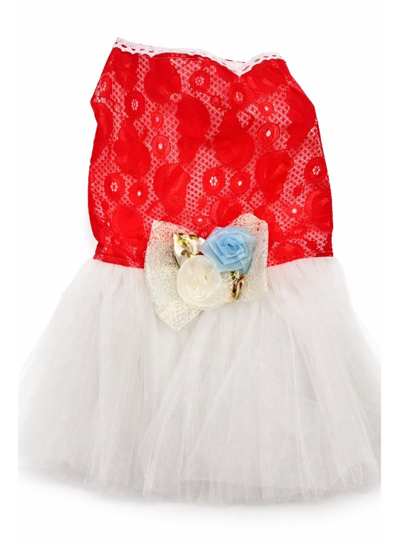 فستان أميرة أنيق من الدانتيل الأحمر والتول مع تنورة بيضاء وزينة فيونكة زهرية، ملابس للكلاب للمناسبات الخاصة.
