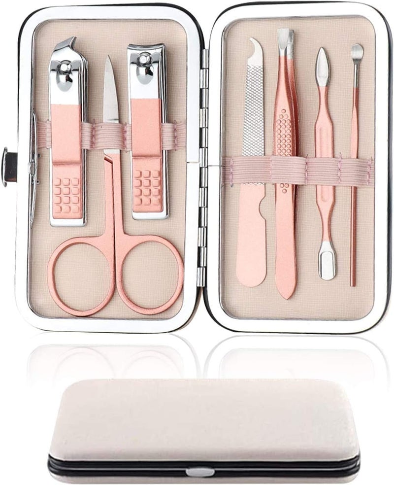 7 Piece Manicure Set Nail Clipper Set Manicure Pedicure Kit Stainless Steel Eyebrow Scissors Tweezers Nail File Cuticle Pusher Nail Clippers in Pink PU Leather Case Travel Kit Home Use