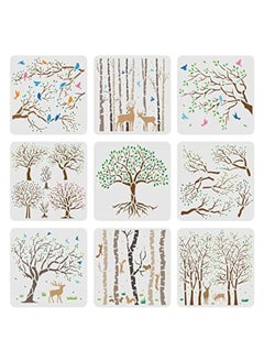 FINGERINSPIRE 9pcs Life of Tree Stencils 7.9x7.9 Inches Aspen Tree/Life Tree Stencils Painting Stencils Reusable Tree and Flying Bird Stencils for Painting Wood Canvas Paper Fabric Floor Wall Tiles