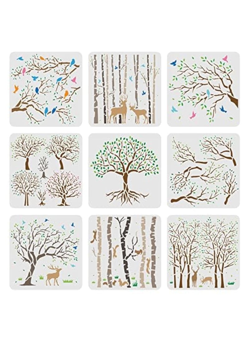 FINGERINSPIRE FINGERINSPIRE 9pcs Life of Tree Stencils 7.9x7.9 Inches Aspen Tree/Life Tree Stencils Painting Stencils Reusable Tree and Flying Bird Stencils for Painting Wood Canvas Paper Fabric Floor Wall Tiles  - Image 1