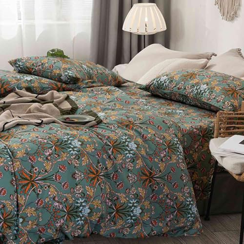 Faincy Bohemian Duvet Cover King Size - Boho Paisley Green Floral Pattern Printed Microfiber Comforter Cover Set - 3PC 90 X 104 Soft and Lightweight Quilt Cover, Retro Farmhouse Style for Women Men - Image 3