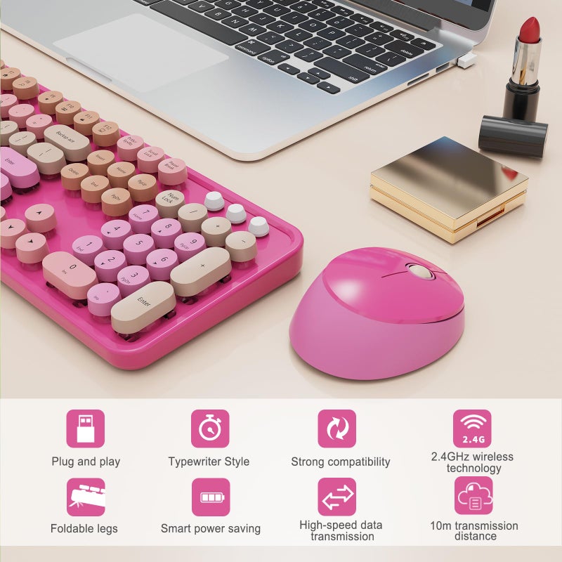 SkyGive Wireless Keyboard and Mouse Combo, Ergonomic Full Size Typewriter Retro Round Keycaps Keyboard, Compatible with Windows, PC, Perfer for Home and Office Keyboards ï¼ˆRedï¼‰ - Image 3