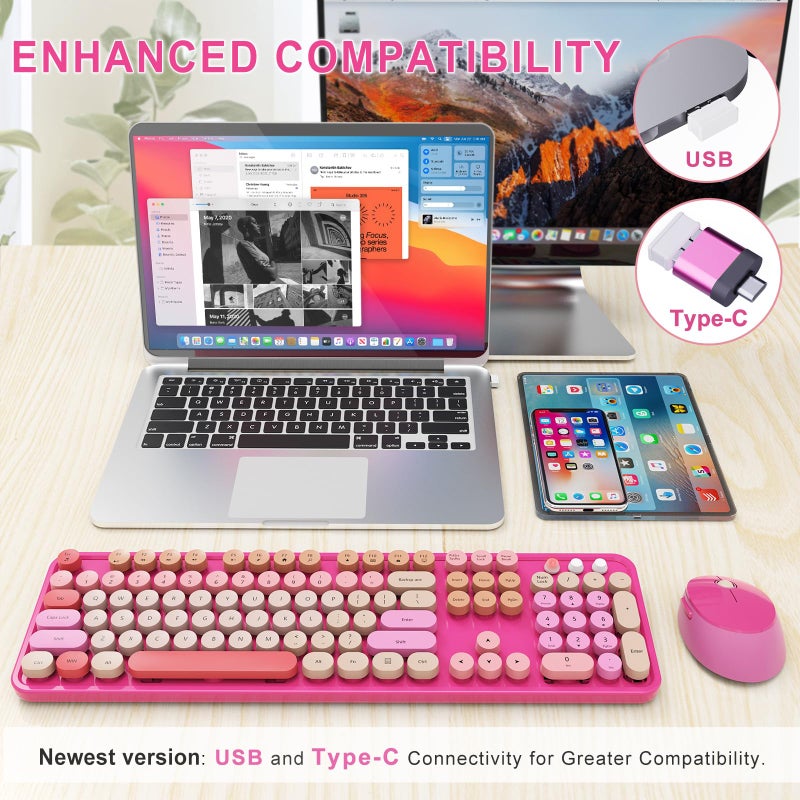 SkyGive Wireless Keyboard and Mouse Combo, Ergonomic Full Size Typewriter Retro Round Keycaps Keyboard, Compatible with Windows, PC, Perfer for Home and Office Keyboards ï¼ˆRedï¼‰ - Image 2