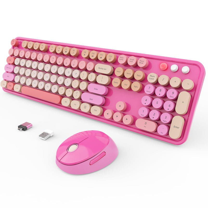 SkyGive Wireless Keyboard and Mouse Combo, Ergonomic Full Size Typewriter Retro Round Keycaps Keyboard, Compatible with Windows, PC, Perfer for Home and Office Keyboards ï¼ˆRedï¼‰ - Image 1