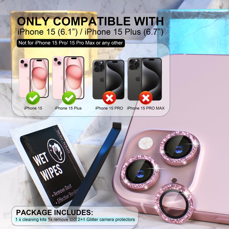 Choiche Compatible for iPhone 15 /iPhone 15 Plus Camera Lens Protector Bling, 9H Tempered Glass Camera Cover Screen Protector Metal Ring Decoration Accessories (Glitter-Pink) - Image 2