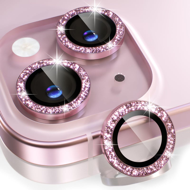 Choiche Compatible for iPhone 15 /iPhone 15 Plus Camera Lens Protector Bling, 9H Tempered Glass Camera Cover Screen Protector Metal Ring Decoration Accessories (Glitter-Pink) - Image 1