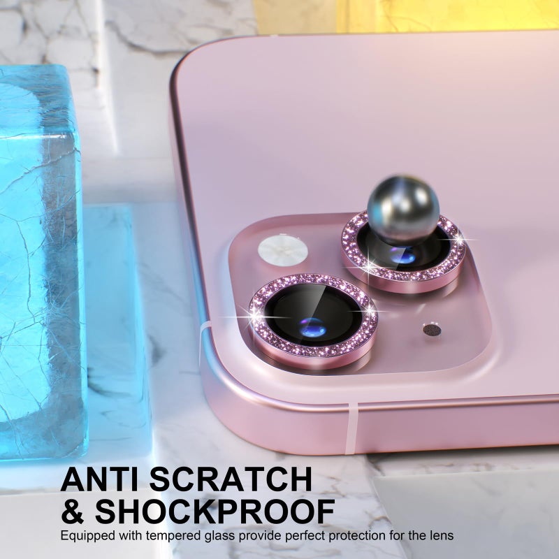 Choiche Compatible for iPhone 15 /iPhone 15 Plus Camera Lens Protector Bling, 9H Tempered Glass Camera Cover Screen Protector Metal Ring Decoration Accessories (Glitter-Pink) - Image 3