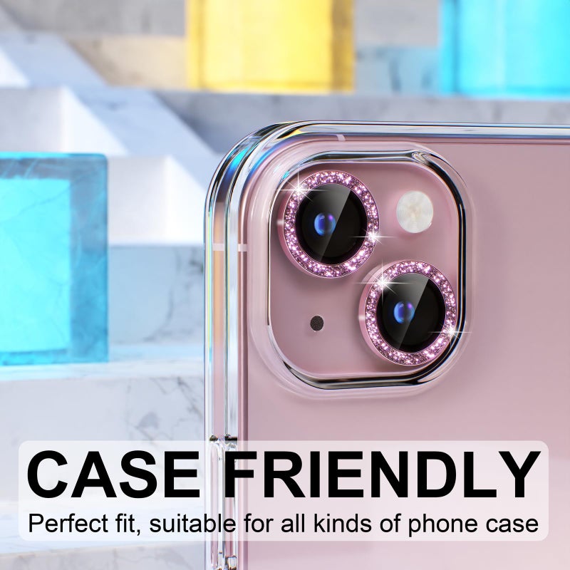 Choiche Compatible for iPhone 15 /iPhone 15 Plus Camera Lens Protector Bling, 9H Tempered Glass Camera Cover Screen Protector Metal Ring Decoration Accessories (Glitter-Pink) - Image 4