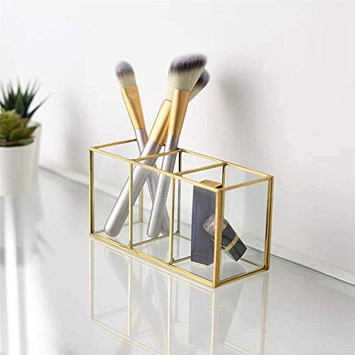 ARTINCO Metal and Clear Glass Cosmetic Organiser with 3 compartments and Beautiful Gold Colour Decorative Cosmetics Holder Beauty Display Size - 7 x 3 x 4 inches - Image 1